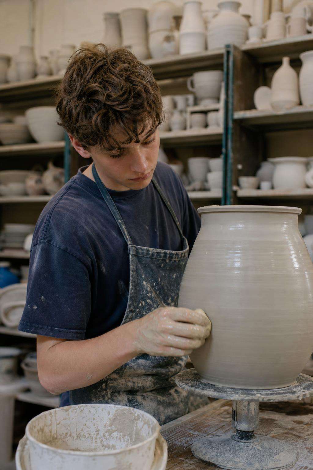 A student holding a large thrown pot in the ceramics studio